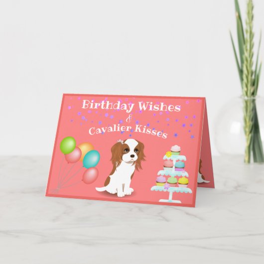 Cavalier King Charles Spaniel Pink Happy Birthday カード (正面)