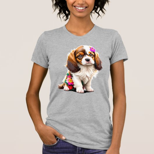 Cavalier King Charles Spaniel Puppy Floral Women's Tシャツ (正面)