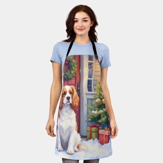 Cavalier King Charles Spaniel Snowy Christmas エプロン (着用した状態)
