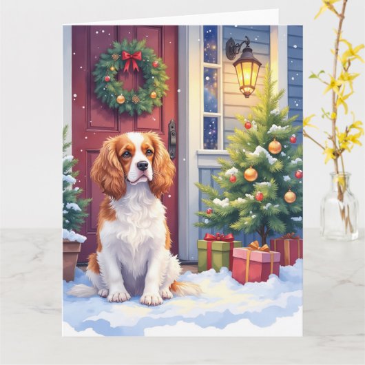 Cavalier King Charles Spaniel Snowy Christmas カード (黄色い花)