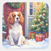 Cavalier King Charles Spaniel Snowy Christmas スクエアシール (正面)