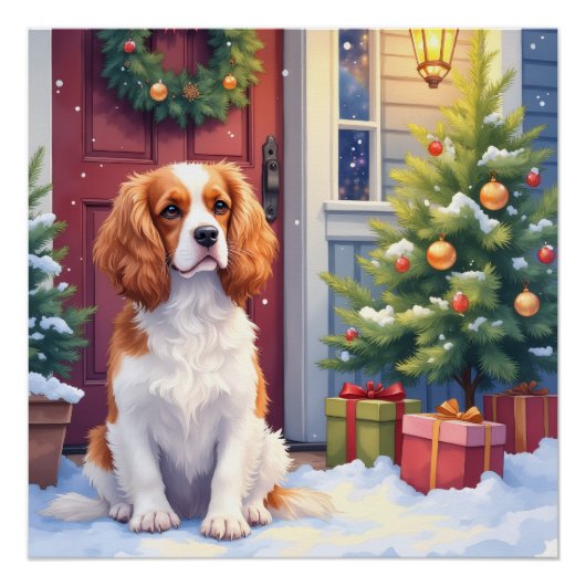 Cavalier King Charles Spaniel Snowy Christmas ポスター (正面)