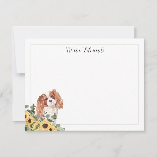 Cavalier King Charles Spaniel Sunflower Eucalyptus ノートカード (正面)