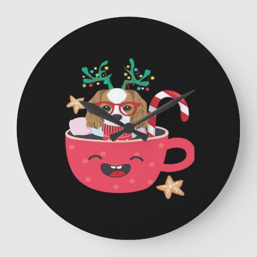 Cavalier King Charles Spaniel Teacup Xmas Holiday  ラージ壁時計 (正面)