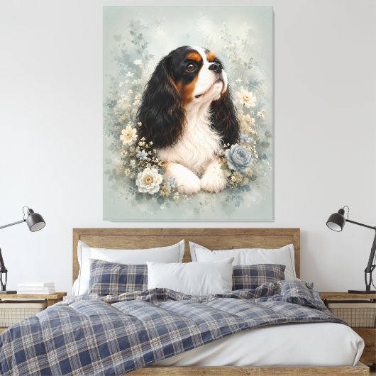 Cavalier King Charles Spaniel with Blue Flowers | キャンバスプリント (インサイチュ (寝室))