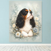 Cavalier King Charles Spaniel with Blue Flowers | キャンバスプリント (インサイチュ (ウッドフロア))