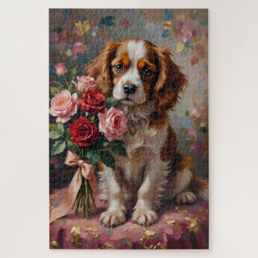 Cavalier King Charles Valentine's Day Roses ジグソーパズル (縦)