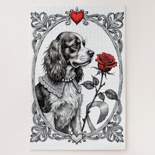 Cavalier King Charles Victorian Etching Valentine ジグソーパズル (縦)