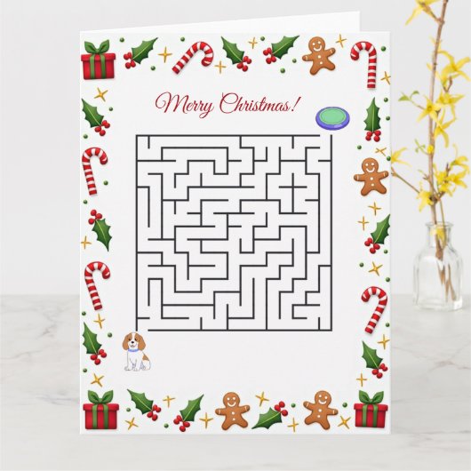 Cavalier King Christmas Maze Puzzle Holiday カード (黄色い花)