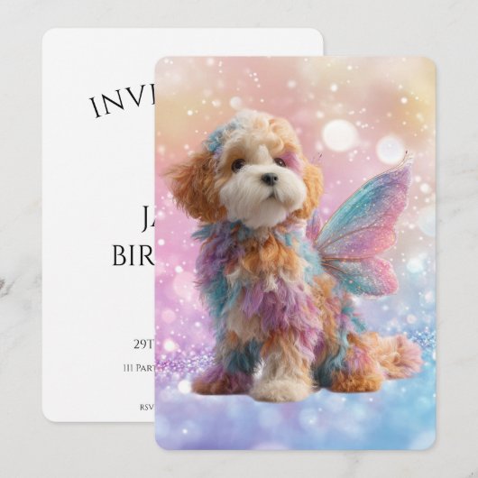 Cavapoo Cavoodle Angel Fairy Birthday 招待状 (正面/裏面)