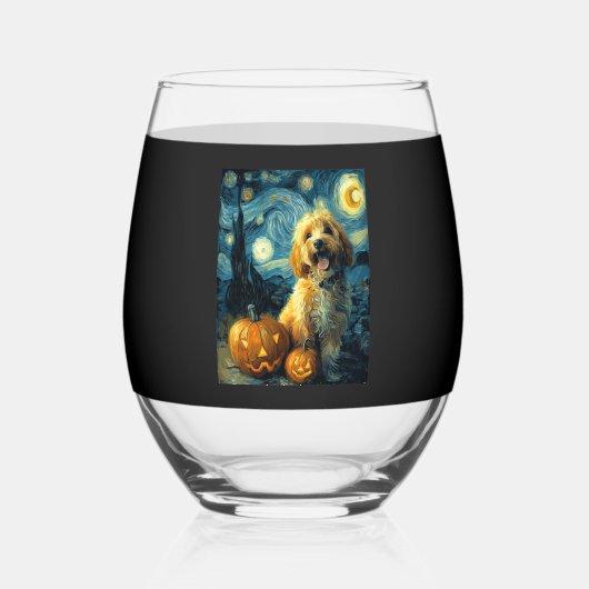 Cavapoo Cute Dog Halloween Jack O Lantern Pumpkin ステムなしワイングラス (正面)