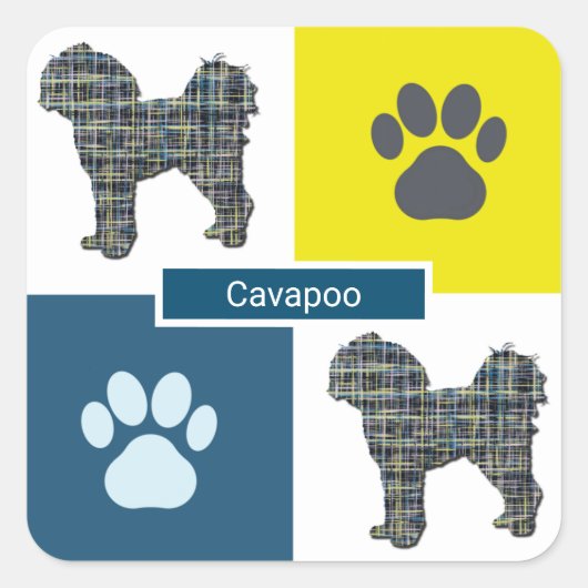 Cavapoo Dog Silhouette & Paw Y&Bグリッド スクエアシール (正面)