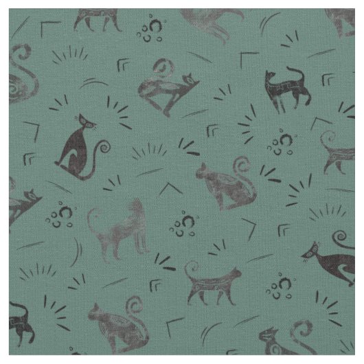 Cave Art Cats on Dark Gray Turquoise ファブリック (クローズアップ)