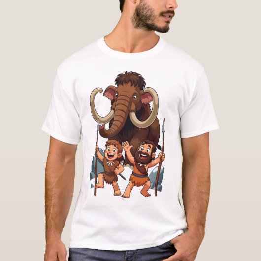 Caveman Dad and Son Mammoth Hunt Tシャツ (正面)