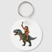 Caveman Riding Dinosaur Cartoon Image キーホルダー (裏面)