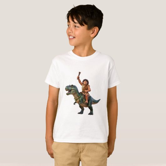 Caveman Riding Dinosaur Cartoon Image Tシャツ (正面フル)