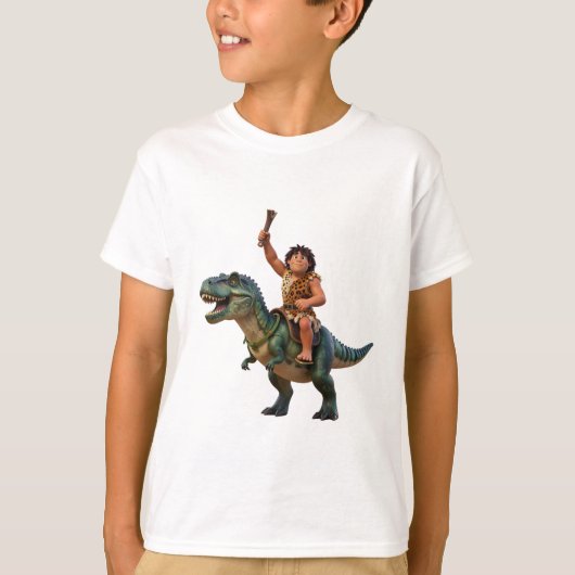 Caveman Riding Dinosaur Cartoon Image Tシャツ (正面)