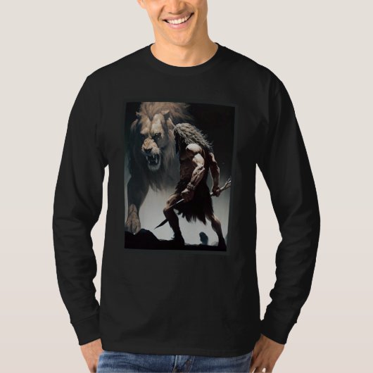 Caveman Warrior with Friendly Lion chasing the sam Tシャツ (正面)