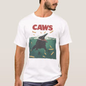 "CAWS" カワイイカラスジョーズポスターパロディ Tシャツ (正面)