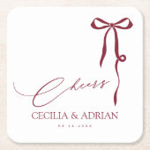 CECILIA ワインレッドのリボン スクエア ペーパーコースター (正面)