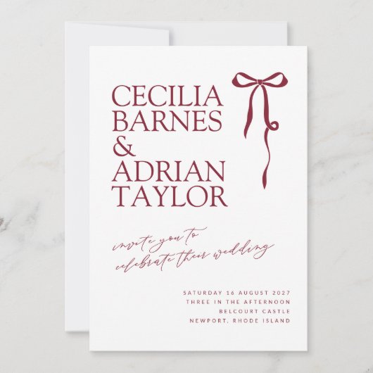 CECILIA Burgundy Wedding Invitation with Bow 招待状 (正面)