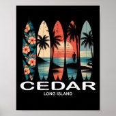 Cedar Beach Long Island Surfboard Surfing Retro ポスター (正面)