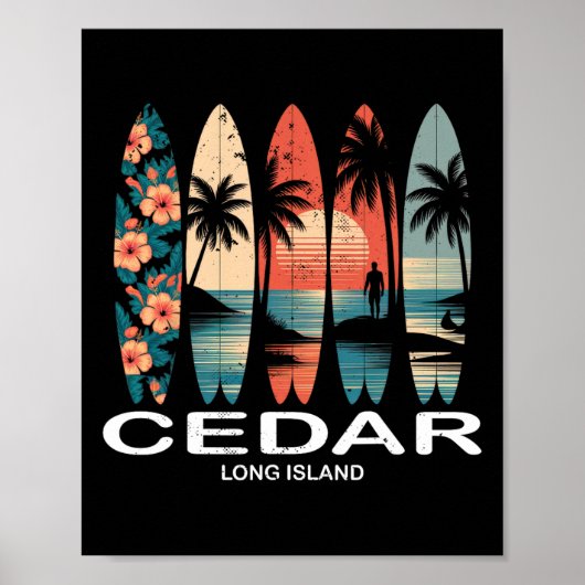 Cedar Beach Long Island Surfboard Surfing Retro ポスター (正面)