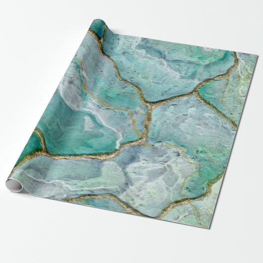 Celadon Green, Jade, Mint Kintsugi Geode ラッピングペーパー (アンロールド)
