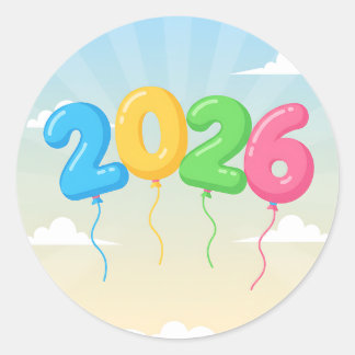 Celebrate 2026 with colorful floating balloons ラウンドシール