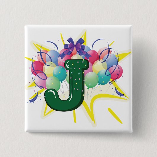 Celebration Monogram Letter J with Balloons 缶バッジ (正面)