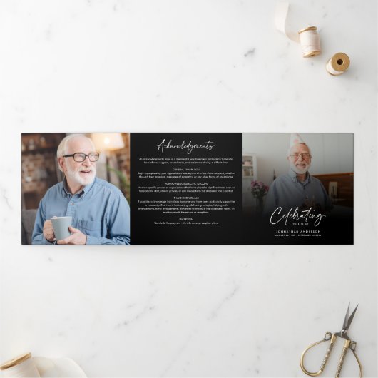 Celebration of Life 3-Photo Black & White Funeral 三つ折りプログラム (外部)