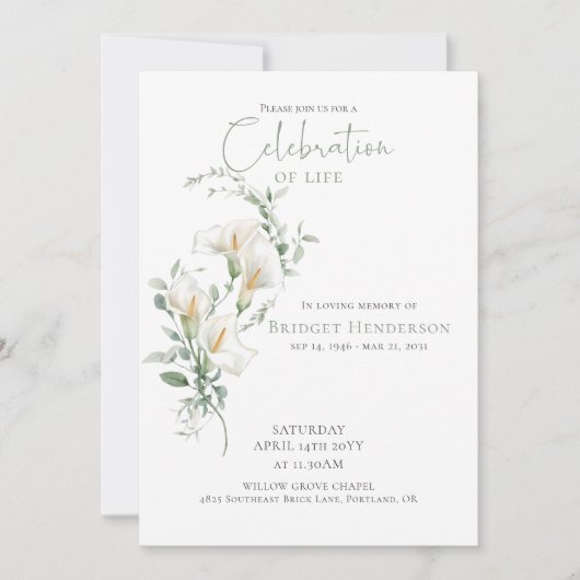 Celebration of Life Calla Lily Funeral Memorial 招待状 (正面)