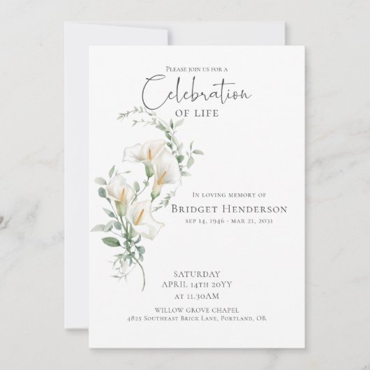 Celebration of Life Calla Lily Funeral Memorial 招待状 (正面)