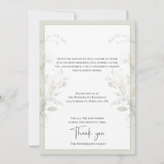 Celebration of Life Calla Lily Funeral Memorial 招待状 (裏面)