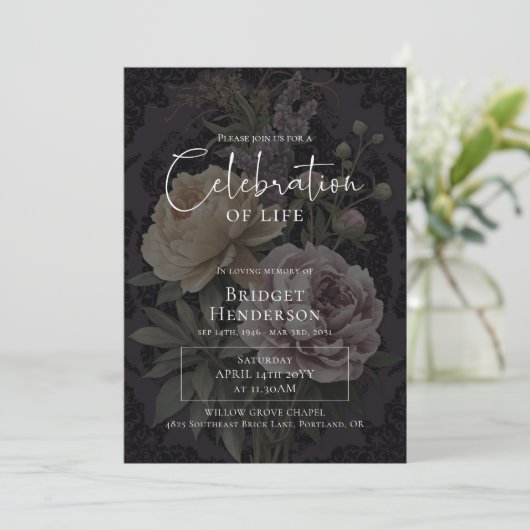 Celebration of Life Dark Moody Floral Funeral 招待状 (スタンド正面)