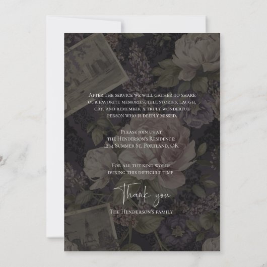 Celebration of Life Dark Moody Floral Funeral 招待状 (裏面)