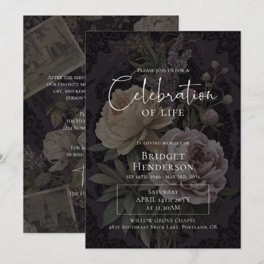 Celebration of Life Dark Moody Floral Funeral 招待状 (正面/裏面)