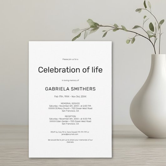 Celebration of life Funeral Memorial 招待状