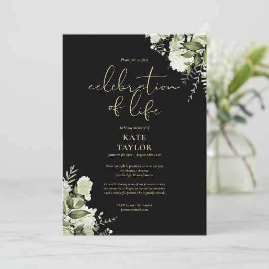 Celebration of Life Greenery Floral Black And Gold 招待状 (スタンド正面)