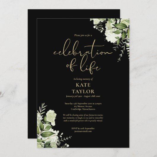 Celebration of Life Greenery Floral Black And Gold 招待状 (正面/裏面)