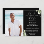 Celebration of Life Greenery Floral Funeral Photo 招待状 (正面/裏面)