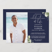 Celebration of Life Greenery Floral Funeral Photo 招待状 (正面/裏面)