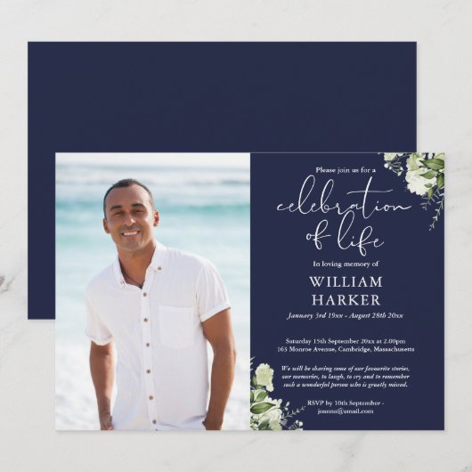 Celebration of Life Greenery Floral Funeral Photo 招待状 (正面/裏面)