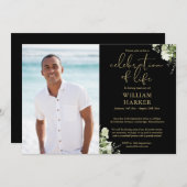 Celebration of Life Greenery Photo Black And Gold 招待状 (正面/裏面)