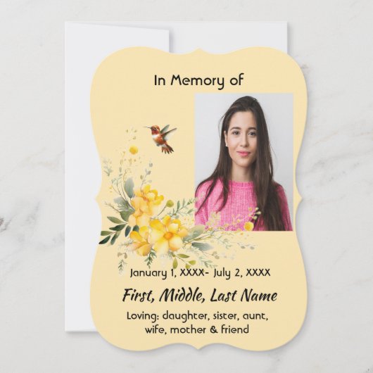 Celebration of Life  Hummingbird Yellow Roses  招待状 (正面)