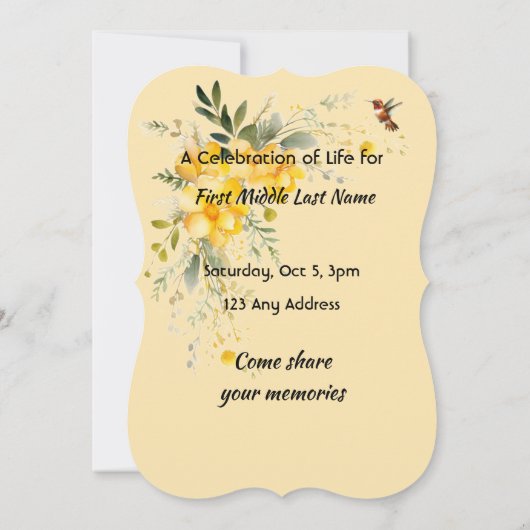 Celebration of Life  Hummingbird Yellow Roses  招待状 (裏面)