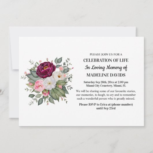 Celebration Of Life Peonies Photo Funeral 招待状 (裏面)