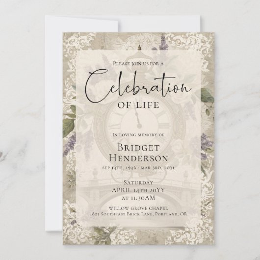 Celebration of Life Purple Butterfly Peony Funeral 招待状 (正面)