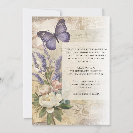 Celebration of Life Purple Butterfly Peony Funeral 招待状 (裏面)