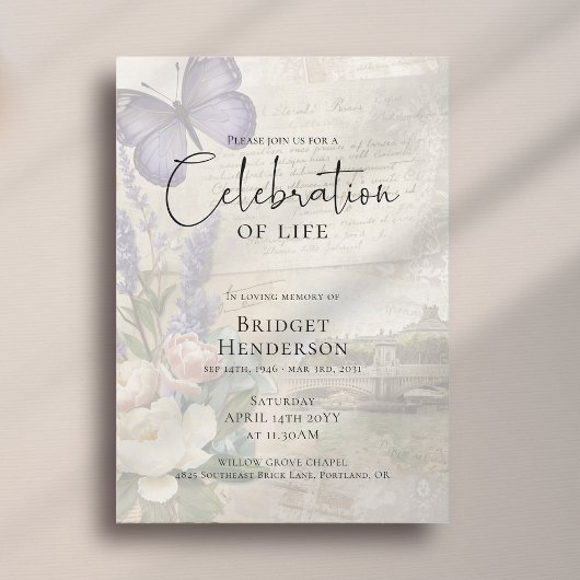 Celebration of Life Purple Butterfly Peony Funeral 招待状